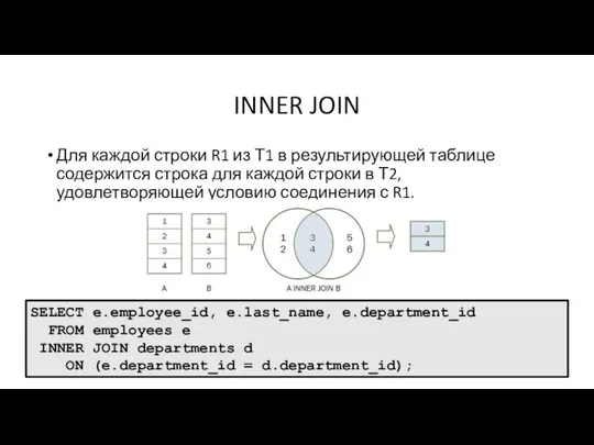 INNER JOIN Для каждой строки R1 из Т1 в результирующей таблице