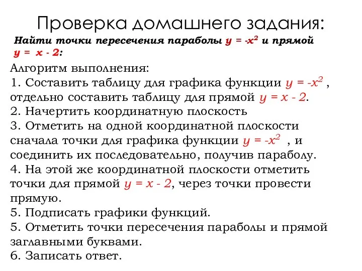 Проверка домашнего задания: Алгоритм выполнения: 1. Составить таблицу для графика функции