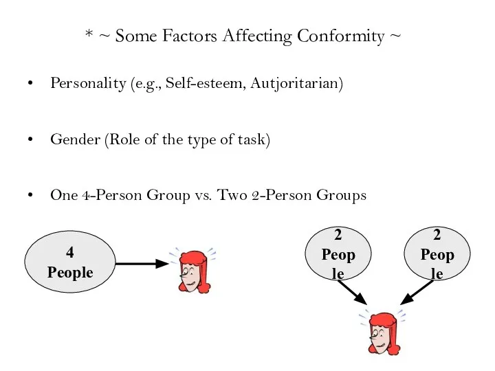 * ~ Some Factors Affecting Conformity ~ Personality (e.g., Self-esteem, Autjoritarian)