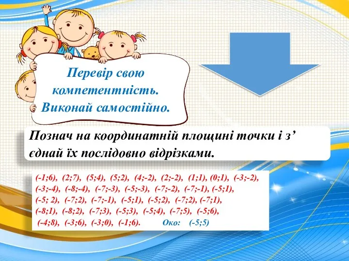 Перевір свою компетентність. Виконай самостійно. (-1;6), (2;7), (5;4), (5;2), (4;-2), (2;-2),