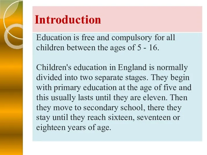 Introduction Education is free and compulsory for all children between the