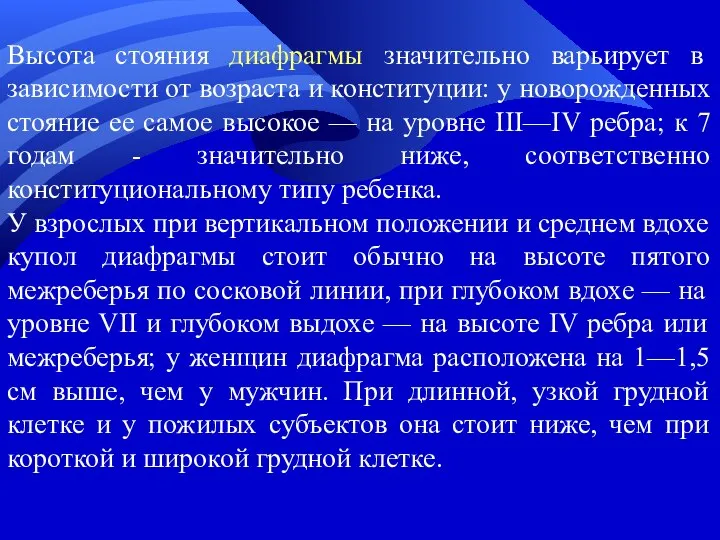 Высота стояния диафрагмы значительно варьирует в зависимости от возраста и конституции: