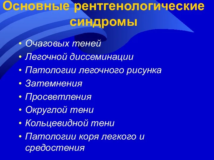 Основные рентгенологические синдромы Очаговых теней Легочной диссеминации Патологии легочного рисунка Затемнения