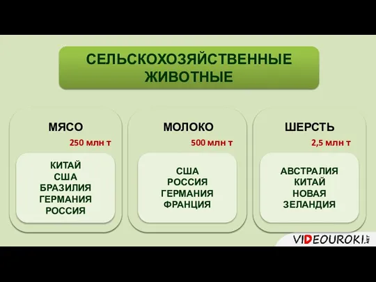 МЯСО ШЕРСТЬ МОЛОКО СЕЛЬСКОХОЗЯЙСТВЕННЫЕ ЖИВОТНЫЕ 250 млн т КИТАЙ США БРАЗИЛИЯ