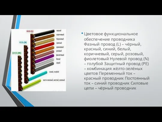 Цветовое функциональное обеспечение проводника Фазный провод (L) – чёрный, красный, синий,