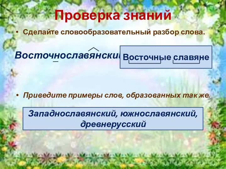 Проверка знаний Сделайте словообразовательный разбор слова. Восточнославянский – Приведите примеры слов,