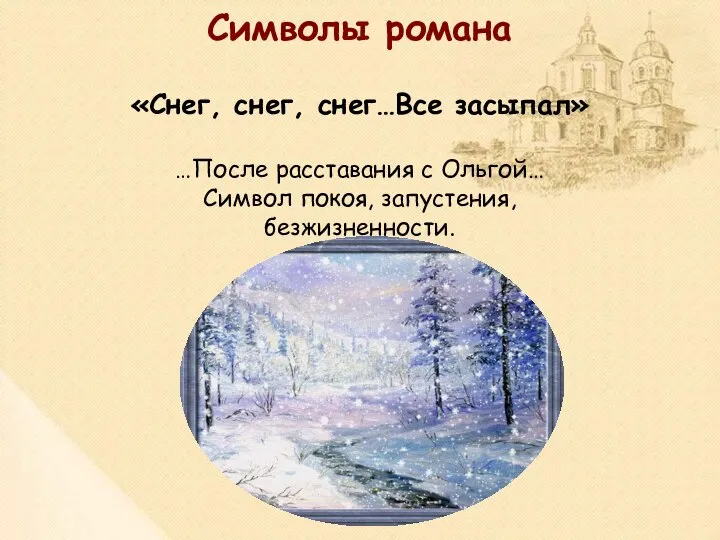 «Снег, снег, снег…Все засыпал» …После расставания с Ольгой… Символ покоя, запустения, безжизненности. Символы романа