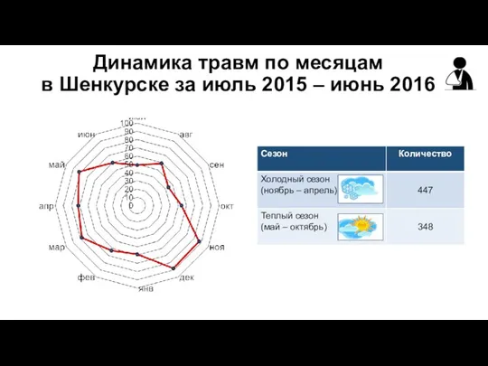 Динамика травм по месяцам в Шенкурске за июль 2015 – июнь 2016