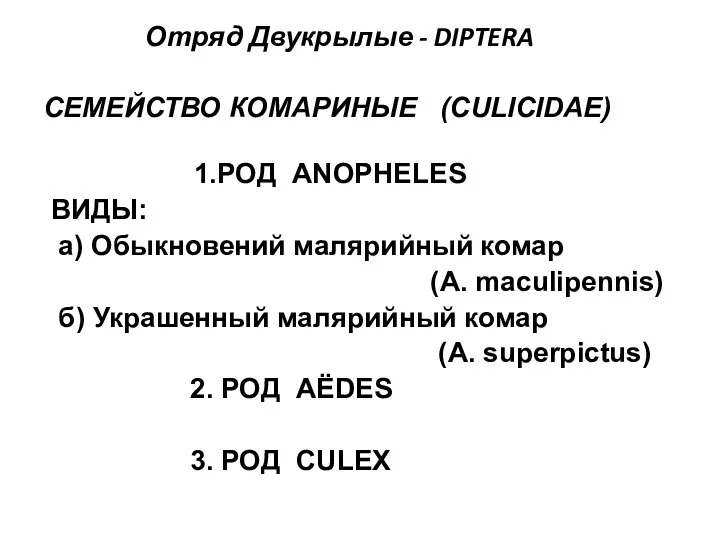 СЕМЕЙСТВО КОМАРИНЫЕ (CULICIDAE) 1.РОД ANOPHELES ВИДЫ: а) Обыкновений малярийный комар (A.