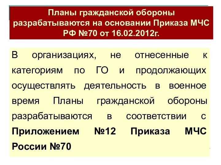 Планы гражданской обороны разрабатываются на основании Приказа МЧС РФ №70 от