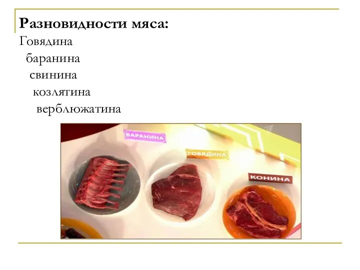 Разновидности мяса: Говядина баранина свинина козлятина верблюжатина