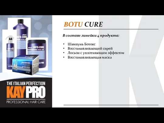 BOTU CURE В составе линейки 4 продукта: Шампунь Ботокс Восстанавливающий спрей