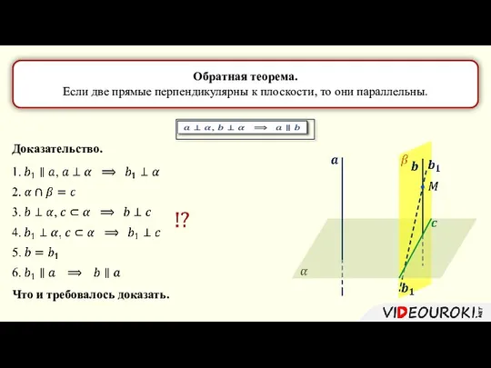 Обратная теорема. Если две прямые перпендикулярны к плоскости, то они параллельны. Доказательство. Что и требовалось доказать.