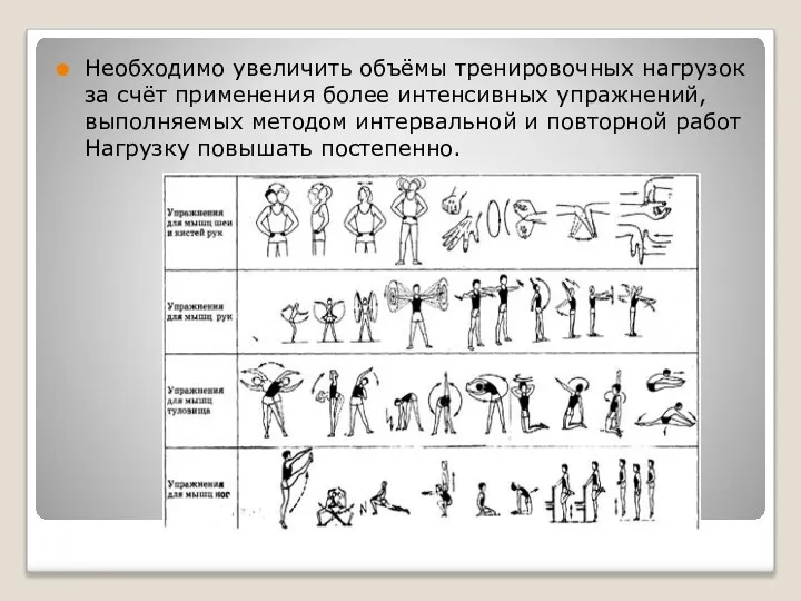 Необходимо увеличить объёмы тренировочных нагрузок за счёт применения более интенсивных упражнений,