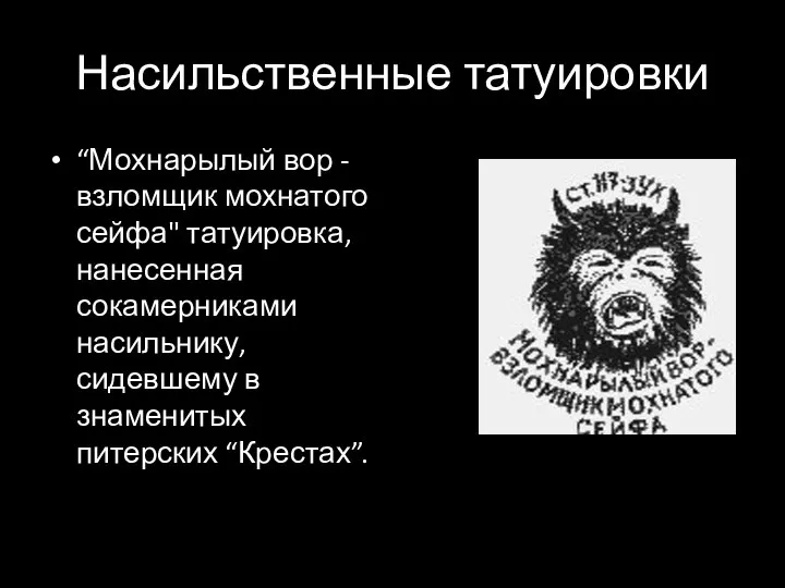 Насильственные татуировки “Мохнарылый вор - взломщик мохнатого сейфа" татуировка, нанесенная сокамерниками