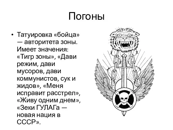 Погоны Татуировка «бойца» — авторитета зоны. Имеет значения: «Тигр зоны», «Дави