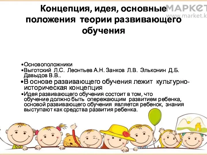 Концепция, идея, основные положения теории развивающего обучения Основоположники Выготский Л.С. Леонтьев