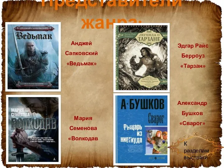 Представители жанра: Анджей Сапковский «Ведьмак» Эдгар Райс Берроуз «Тарзан» Мария Семенова