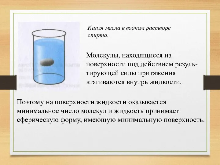 Капля масла в водном растворе спирта. Молекулы, находящиеся на поверхности под