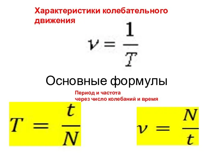 Основные формулы Характеристики колебательного движения Период и частота через число колебаний и время