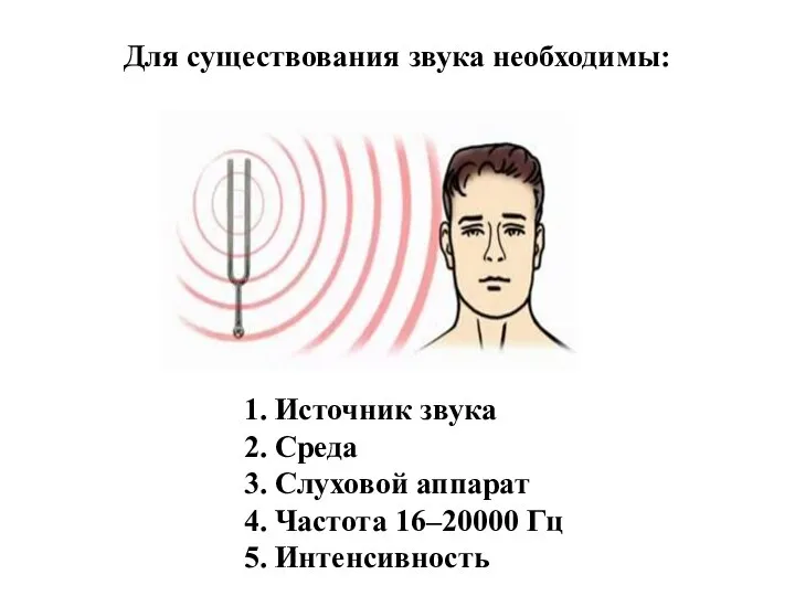 Для существования звука необходимы: 1. Источник звука 2. Среда 3. Слуховой