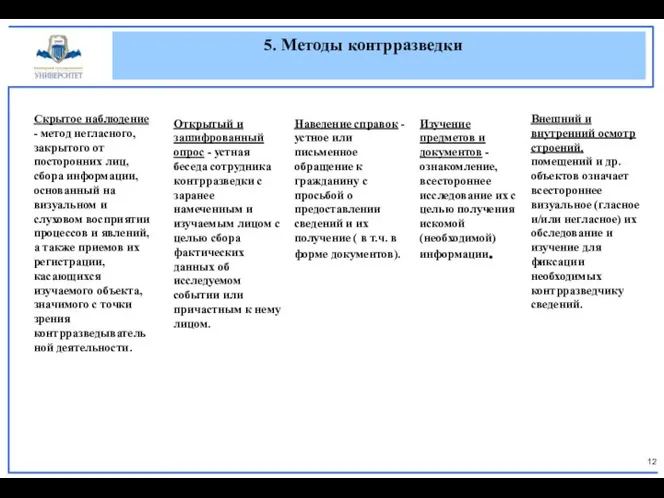 5. Методы контрразведки Скрытое наблюдение - метод негласного, закрытого от посторонних