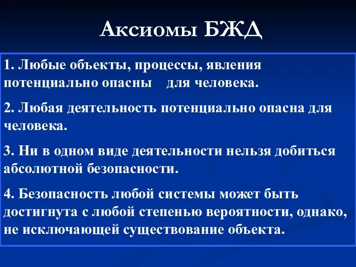 Аксиомы БЖД 1. Любые объекты, процессы, явления потенциально опасны для человека.