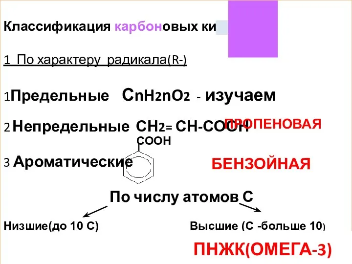 Классификация карбоновых кислот R-C 1 По характеру радикала(R-) 1Предельные СnH2nO2 -