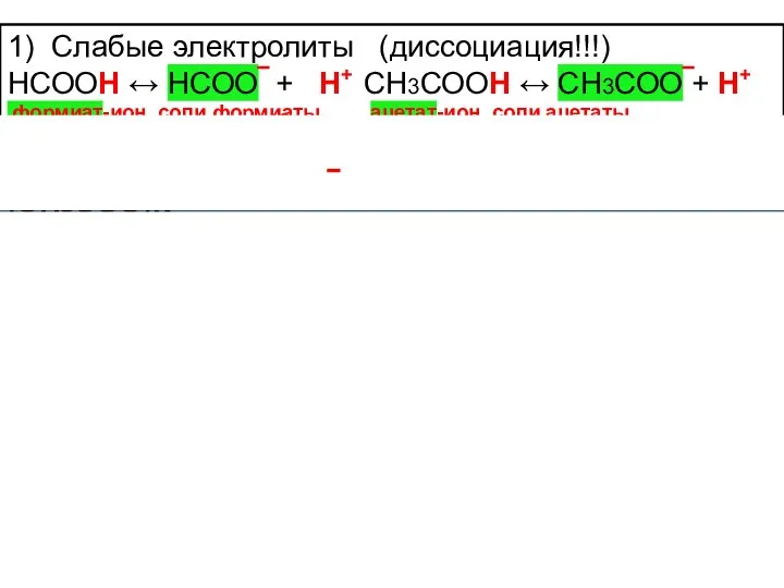 1) Слабые электролиты (диссоциация!!!) НСООН ↔ НСОО + Н+ СН3СООН ↔