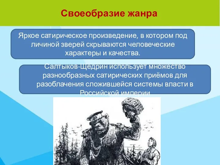 Своеобразие жанра Яркое сатирическое произведение, в котором под личиной зверей скрываются