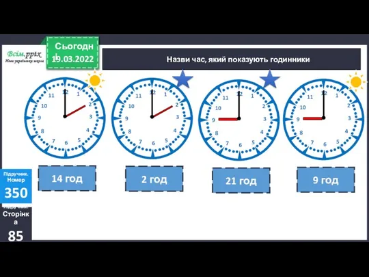 Назви час, який показують годинники Підручник. Сторінка 85 Підручник. Номер 350