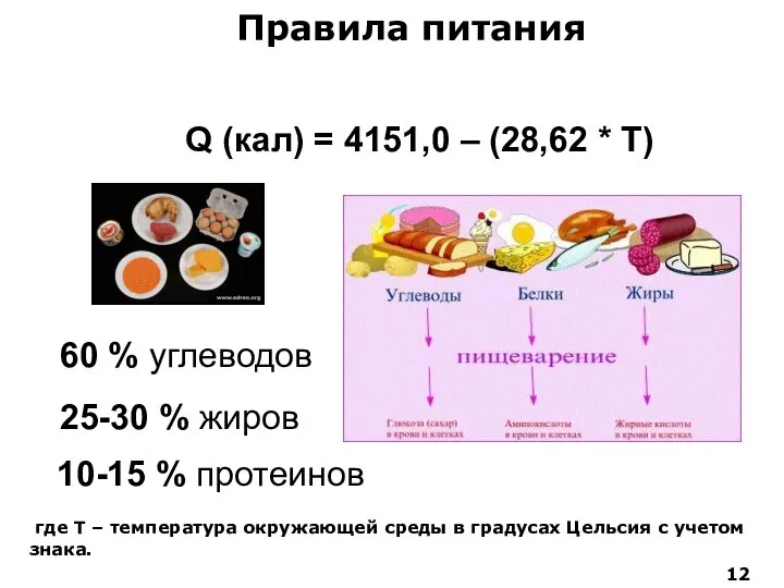 Правила питания Q (кал) = 4151,0 – (28,62 * T) 60