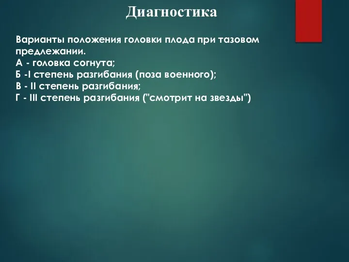 Диагностика Варианты положения головки плода при тазовом предлежании. А - головка