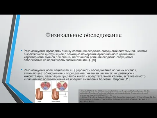 Физикальное обследование Рекомендуется проводить оценку состояния сердечно-сосудистой системы пациентам с эректильной