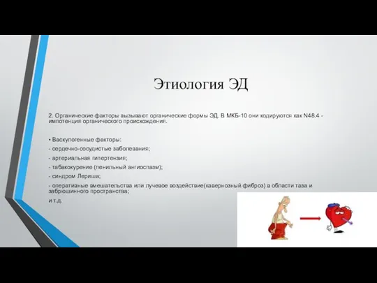 Этиология ЭД 2. Органические факторы вызывают органические формы ЭД. В МКБ-10