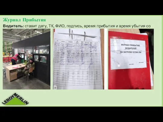 Журнал Прибытия Водитель: ставит дату, ТК, ФИО, подпись, время прибытия и время убытия со склада