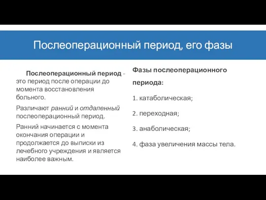 Послеоперационный период, его фазы Послеоперационный период - это период после операции