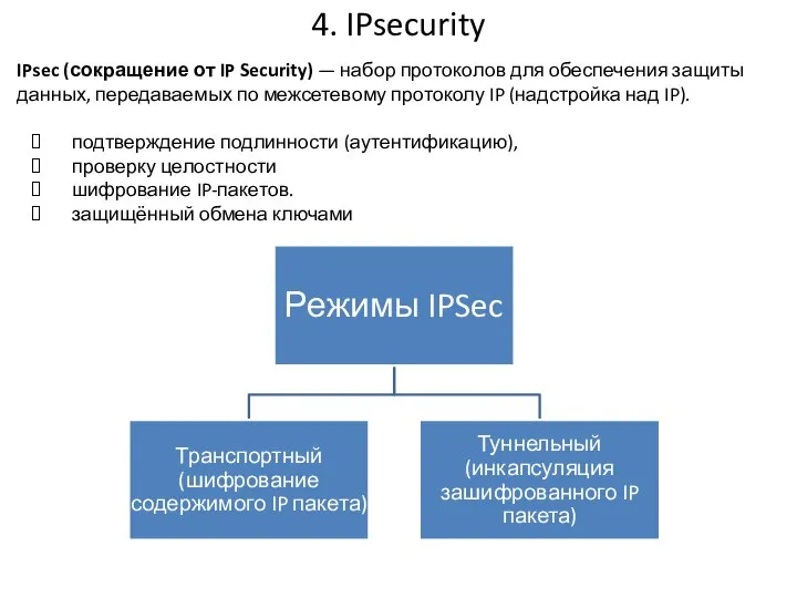 4. IPsecurity IPsec (сокращение от IP Security) — набор протоколов для