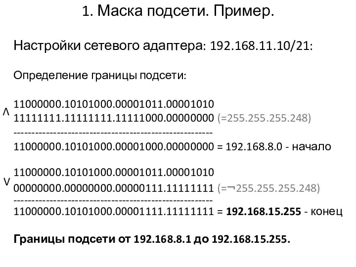 1. Маска подсети. Пример. Настройки сетевого адаптера: 192.168.11.10/21: Определение границы подсети: