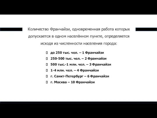 до 250 тыс. чел. – 1 Франчайзи 250-500 тыс. чел. –