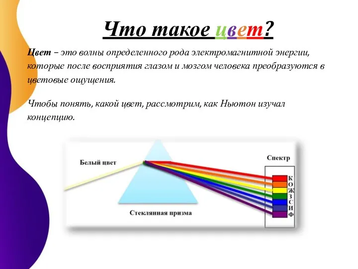 Что такое цвет? Цвет – это волны определенного рода электромагнитной энергии,
