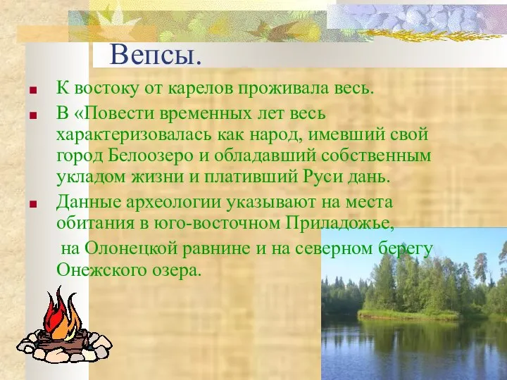 Вепсы. К востоку от карелов проживала весь. В «Повести временных лет