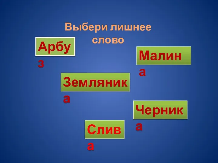 Арбуз Малина Земляника Черника Слива Выбери лишнее слово