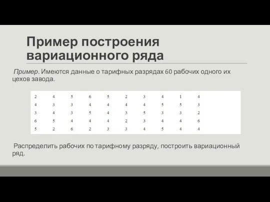 Пример построения вариационного ряда Пример. Имеются данные о тарифных разрядах 60