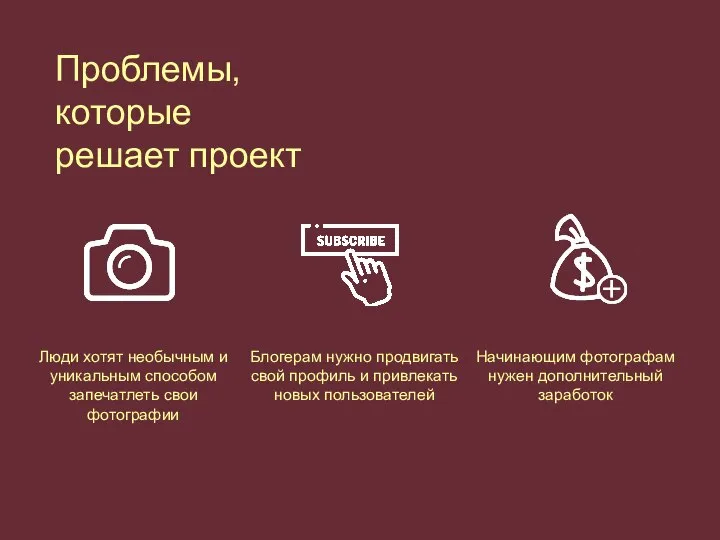 Проблемы, которые решает проект Начинающим фотографам нужен дополнительный заработок Блогерам нужно