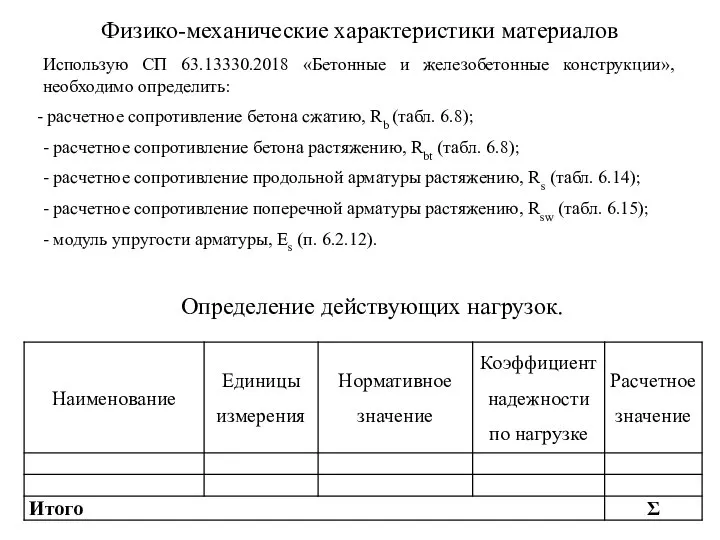 Физико-механические характеристики материалов Использую СП 63.13330.2018 «Бетонные и железобетонные конструкции», необходимо