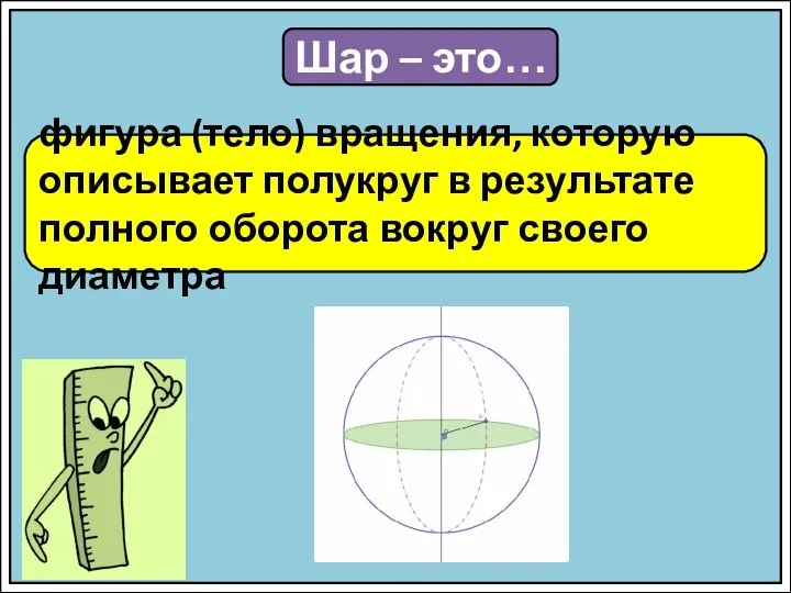 Шар – это… фигура (тело) вращения, которую описывает полукруг в результате полного оборота вокруг своего диаметра