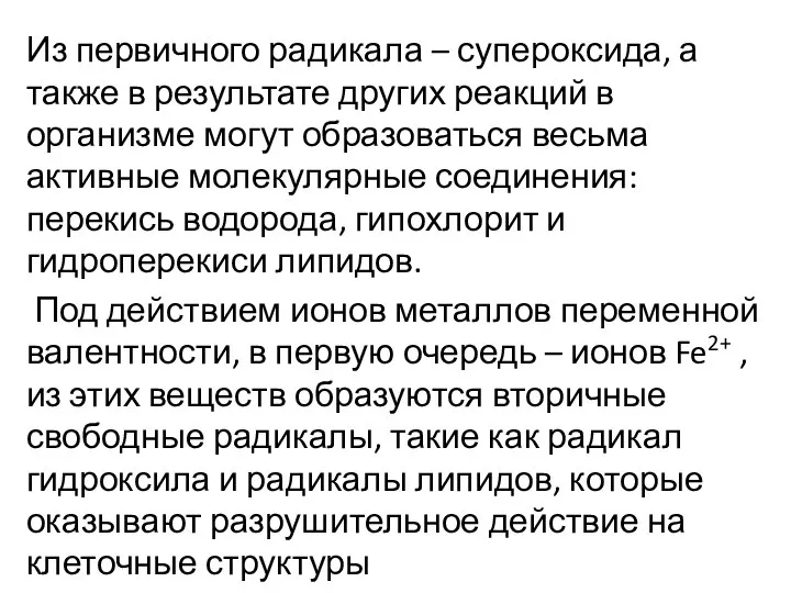 Из первичного радикала – супероксида, а также в результате других реакций