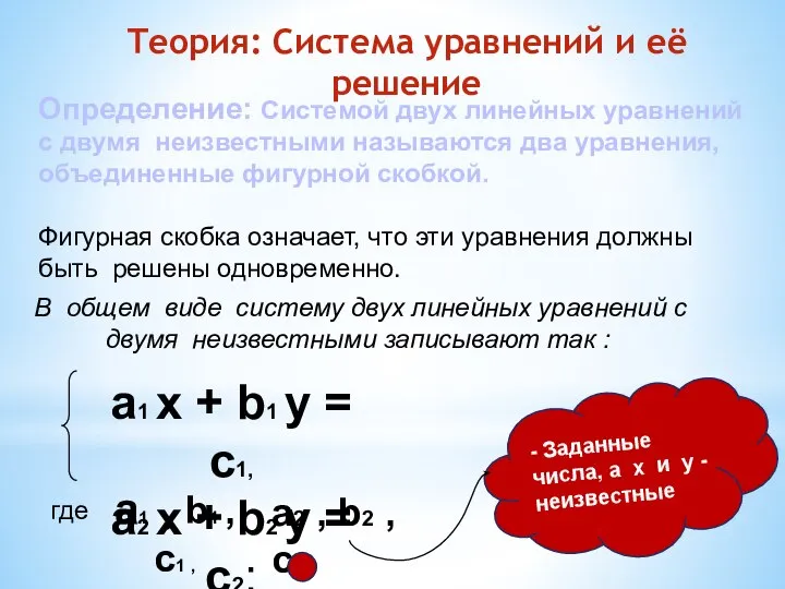 Теория: Система уравнений и её решение Определение: Системой двух линейных уравнений