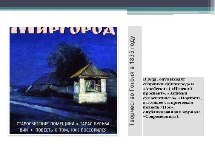Творчество Гоголя в 1835 году В 1835 году выходят сборники «Миргород»